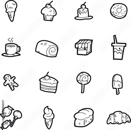 The desserts doodle icon set.