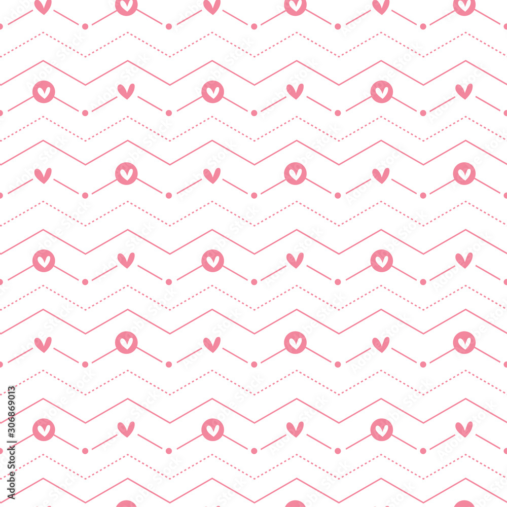 Naklejka premium Pink heart shapes with line seamless illustration pattern