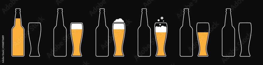 Set of minimalistic flat contours of a glass bottle and mug containing beer and foam with bubbles. Dark background for menu design. Illustration of a process from full to empty dishes. Set of minimalistic flat contours of a glass bottle and mug containing beer and foam with bubbles. Dark background for menu design. Illustration of a process from full to empty dishes.