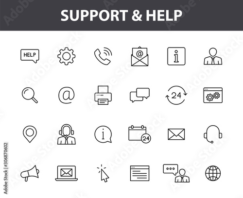 Set of 24 Support and Help web icons in line style. Assistance, email, customer, 24 hrs, service, contact. Vector illustration.