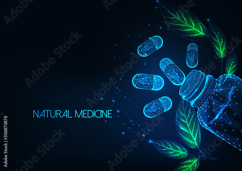 Futuristic natural medicine concept with glow low polygonal capsule pills, bottle and green leaves.