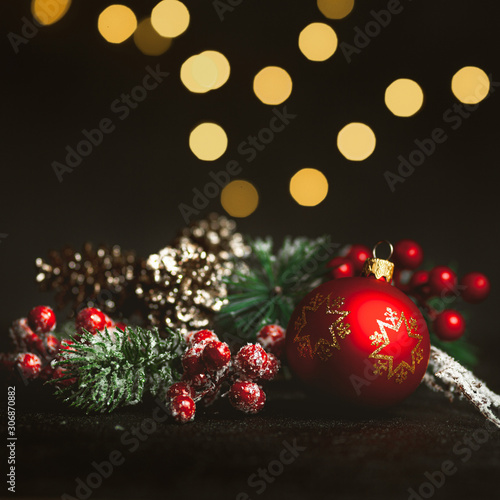 Traditional Christmas decoration  festive or holiday greeting card. Happy New Year congratulations.