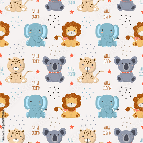 Seamless Pattern with baby wild animals in the white backdrop