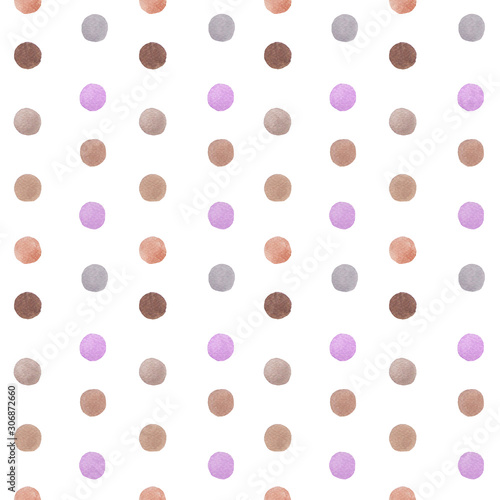 designed brown grey and purple circle dot watercolor illustration painted in seamless pattern on white background 