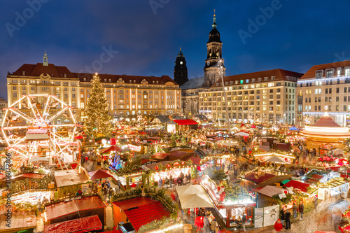 Christmas Market in Dresden, famous traditional European Winter holidays festive activity. Germany, Europe. Christmas vacations background, natural processing photo.