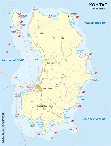 Diving map of the Thai island Koh Tao in the Gulf of Thailand