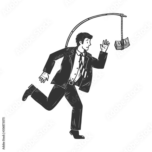 Businessman chasing money that is tied to him sketch engraving vector illustration. Metaphor of hedonic treadmill. T-shirt apparel print design. Scratch board style imitation.