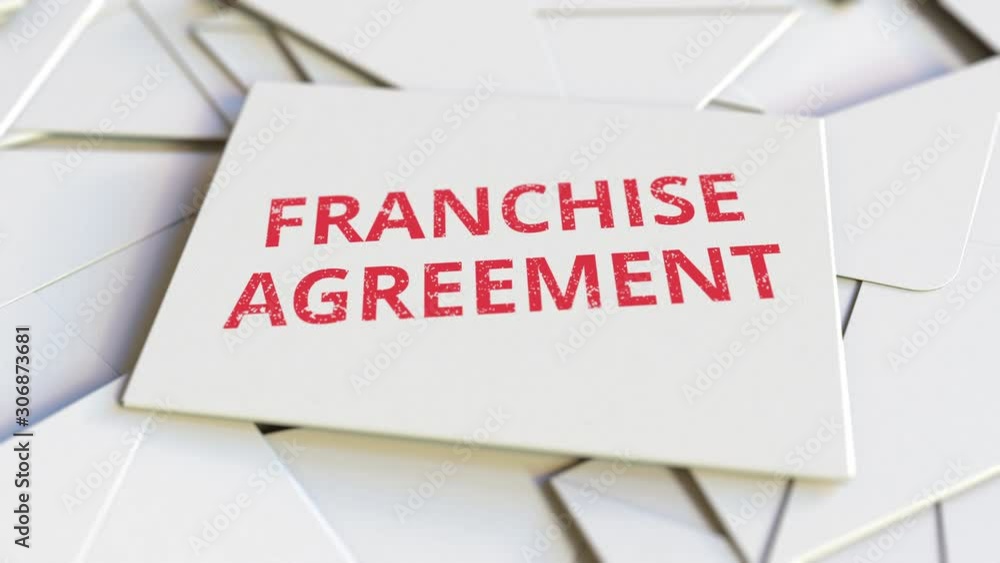 Envelope with franchise agreement on top of many other envelopes. Conceptual 3D animation Envelope with franchise agreement on top of many other envelopes. Conceptual 3D animation