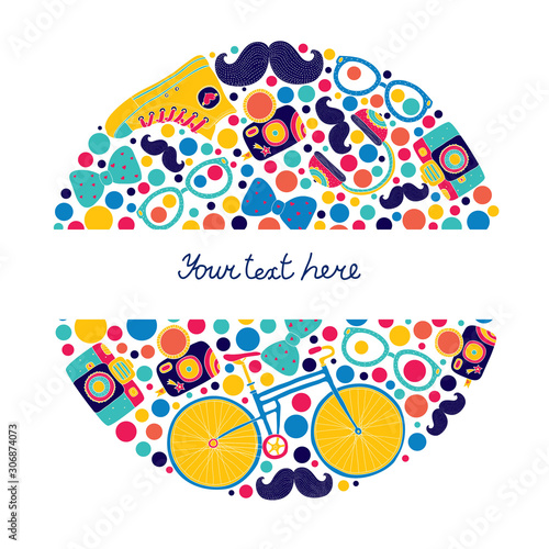 Cute hipsters vector illustration. Postcard.