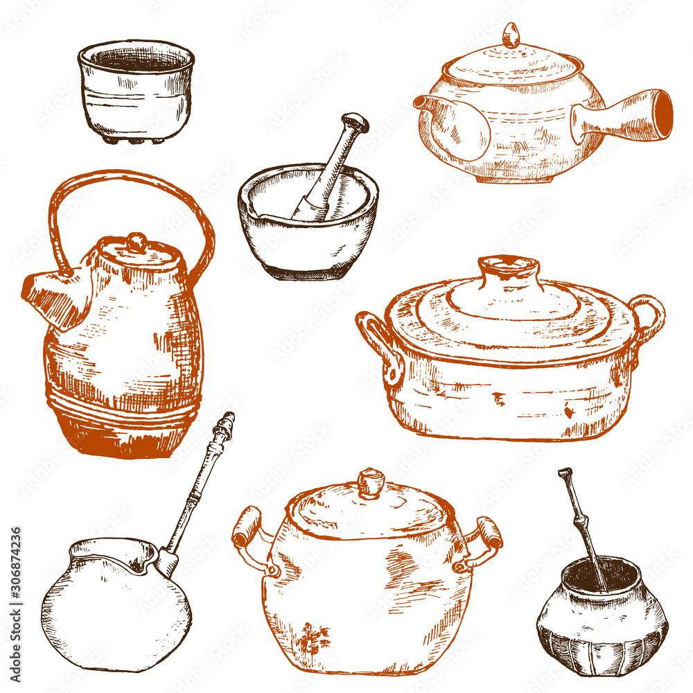 Old kitchen utensils and pots vector sketch hand drawn illustration
