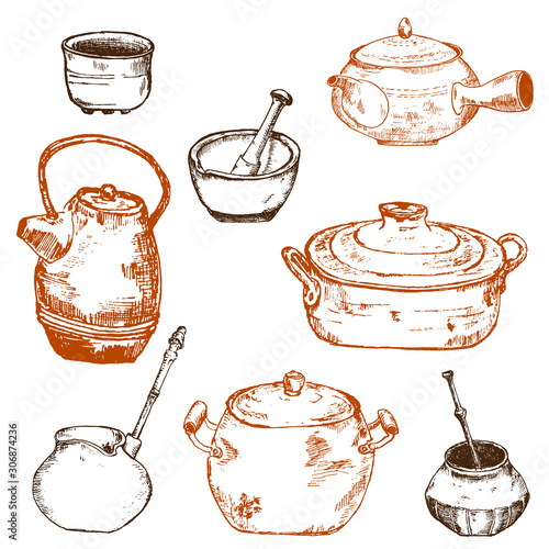Old kitchen utensils and pots vector sketch hand drawn illustration. Copper pots, teapot and pottery.