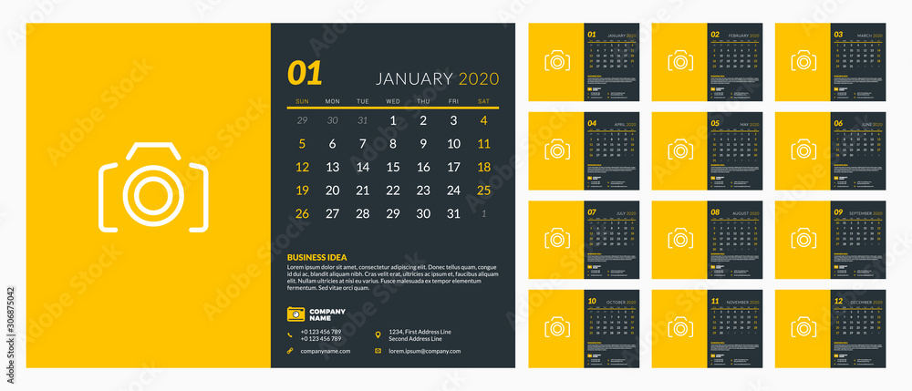 Desk Calendar Template For 2020 Year Set Of 12 Pages Week Starts On 
