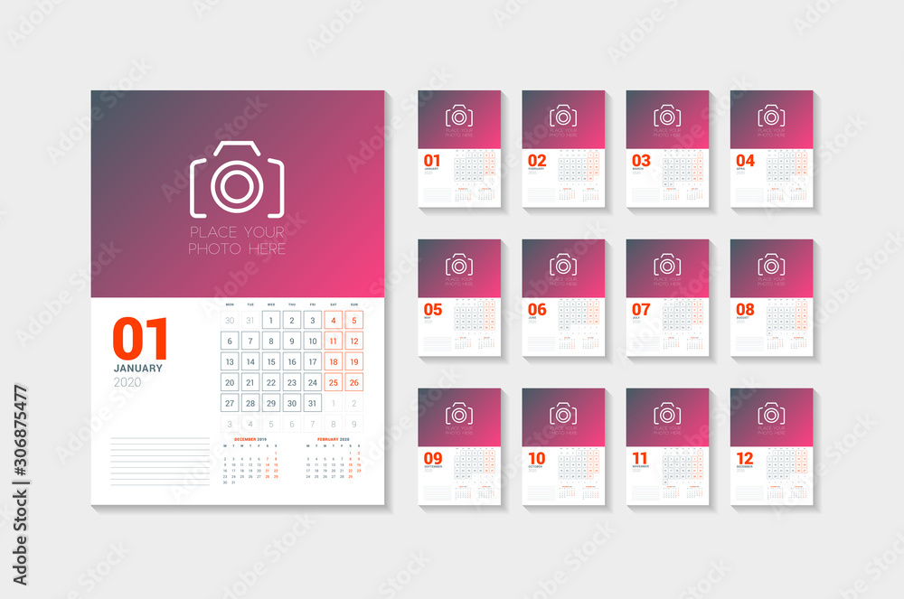 Wall calendar template for 2020 year. Week starts on Monday. Vector illustration. Set of 12 pages Wall calendar template for 2020 year. Week starts on Monday. Vector illustration. Set of 12 pages