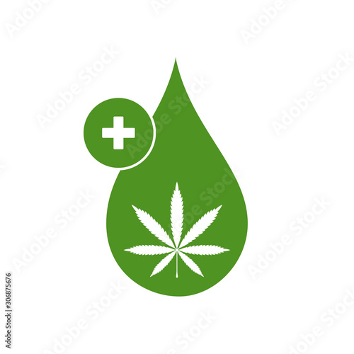 Marijuana leaf. Medical cannabis. Hemp oil. Cannabis extract. Icon product label and logo graphic template. Isolated vector illustration. 