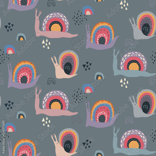 Vector seamless pattern with cute funny rainbow snails in abstract scandinavian style.