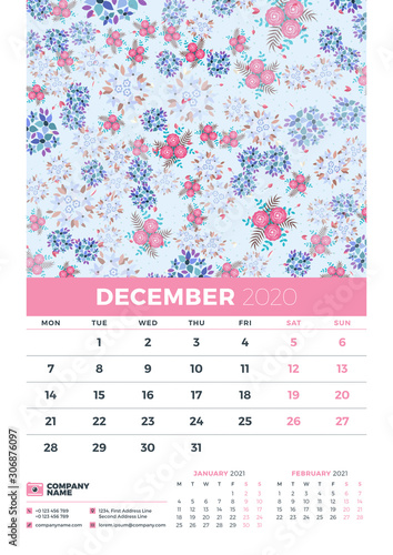 Wall calendar template for December 2020. Week starts on Monday. Design template with cute floral pattern. Vector illustration