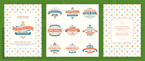 Christmas sale flyer poster design. Holiday shopping. Discount offer. Set of Christmas sale vintage badges. Typographic vector design elements for promotional discount banner