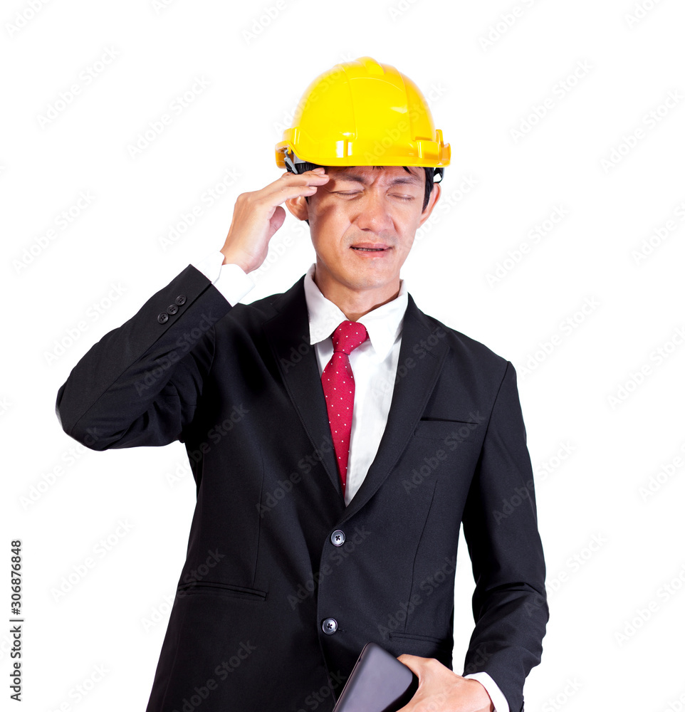 Engineer With Headache At Work With Computer In Construction Site on white background. Engineer With Headache At Work With Computer In Construction Site on white background.