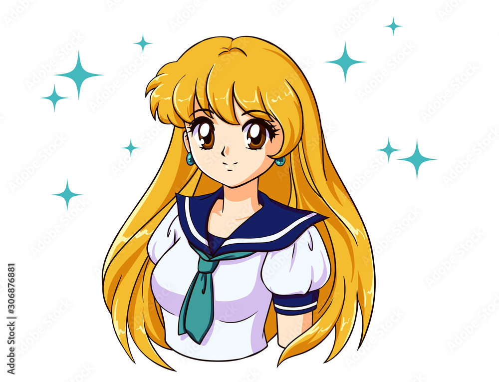  Chica de anime retro con cabello rubio en uniforme escolar japonés.  Ilustración vectorial dibujada a mano de estilo anime.  Se puede utilizar para avatar, libro para colorear, juegos móviles, etc. Vector de stock