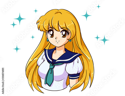 Retro anime girl with blonde hair in japanese school uniform 90s anime  style hand drawn vector illustration Can be used for avatar coloring  book mobile games etc Stock Vector  Adobe Stock