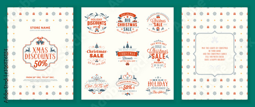 Christmas sale flyer poster design. Holiday shopping. Discount offer. Set of Christmas sale vintage badges. Typographic vector design elements for promotional discount banner