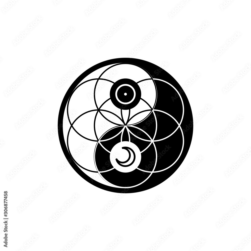 Yin yang with astrological symbols together with flower of life in circle, vector sacred oriental symbol