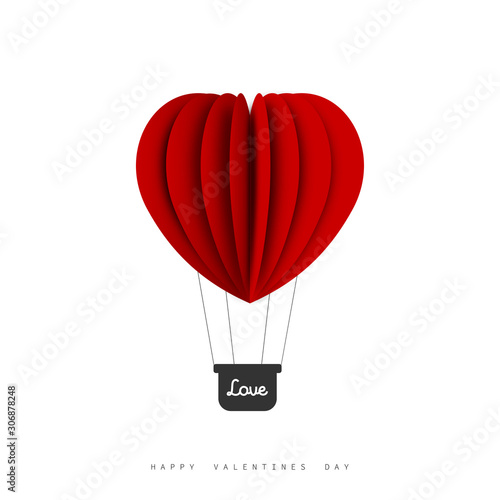 Valentines Day. Air balloon in heart shape. Paper art and origami design. Illustration of the Love. Vector