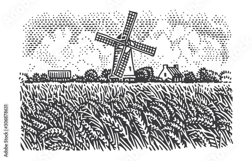 Windmill near wheat field in countryside engraving/line illustration. Vector. 