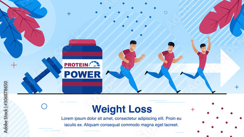 Weight Loss, Healthy Lifestyle Trendy Flat Vector Banner, Poster Template, Obese African-American Man Jogging, Running, Doing Exercises, Eating Sports Nutrition, Progressing on Trainings Illustration