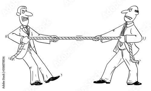 Vector funny comic cartoon drawing of two businessmen or business competitors playing tug of war with rope.