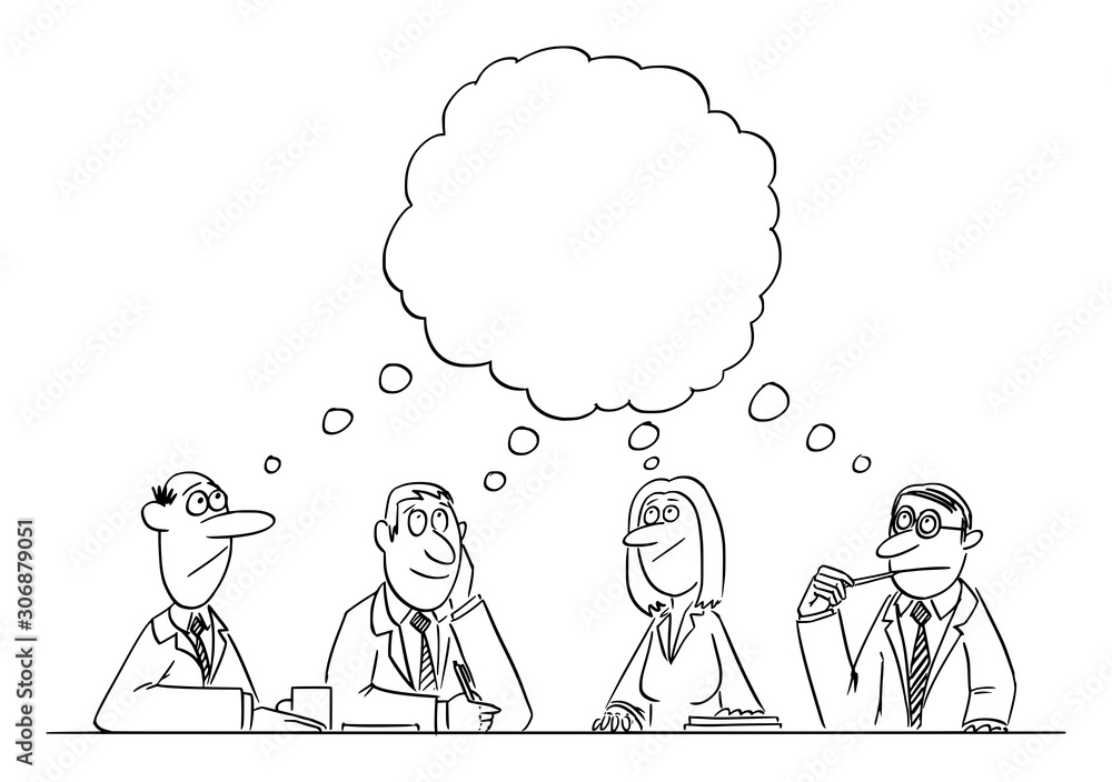 Vector funny comic cartoon drawing of business team meeting and brainstorming. Team is thinking and brainstorming the problem solution. Vector funny comic cartoon drawing of business team meeting and brainstorming. Team is thinking and brainstorming the problem solution.