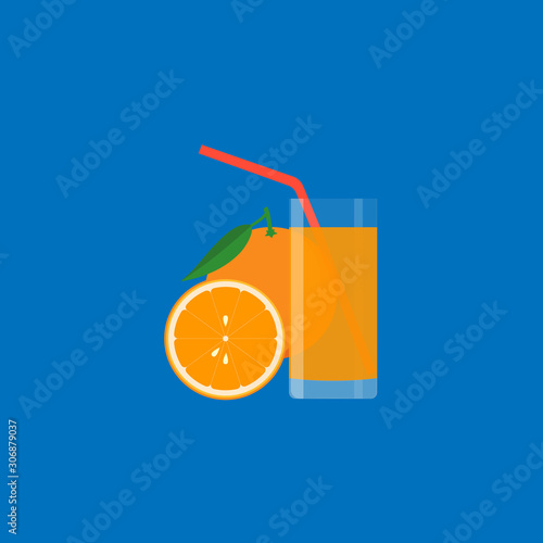 Glass of orange juice and fruit. Oranges on a blue background. Vector illustration.