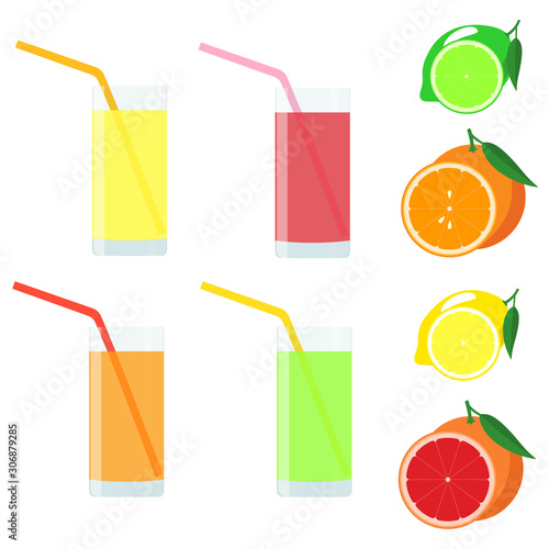 Set of citrus beverages - orange, lemon, lime, grapefruit. Fruit composition. Vector illustration.