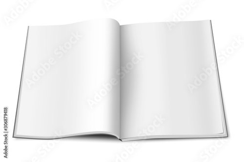 Open paperback book, realistic vector mock-up. Blank white page journal or magazine, template. Empty brochure, booklet or catalog, mockup