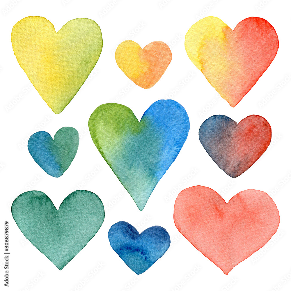 Set of colorful watercolor hearts isolated on a white background. Collection of hand-drawn elements for Valentine's Day decoration. Can be used for postcards, wallpaper, print on textile, scrapbooking