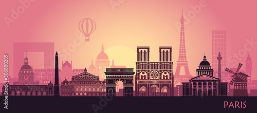 Stylized landscape of Paris with Eiffel tower, arc de Triomphe and Notre Dame Cathedral and other attractions