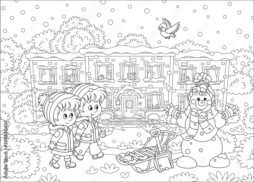 Fototapeta premium Smiling little kids going to their nursery school and looking at a funny snowman on a snow-covered playground of a winter park on a beautiful snowy day, black and white vector illustration