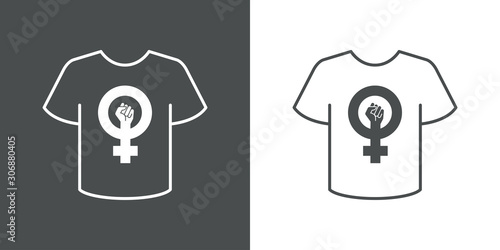 Icono plano lineal camiseta t con símbolo feminismo en fondo gris y fondo blanco