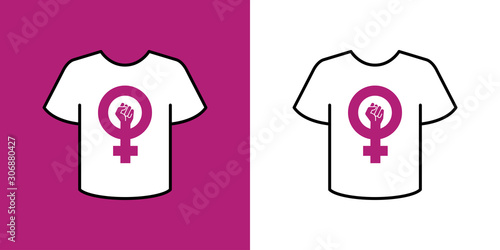 Icono plano lineal camiseta t con símbolo feminismo en fondo morado y fondo blanco
