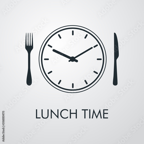 Logotipo con texto Lunch Time. Icono plano lineal con reloj con cubiertos en fondo gris