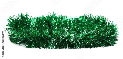 Green tinsel, Christmas ornament, decoration, isolated on white background