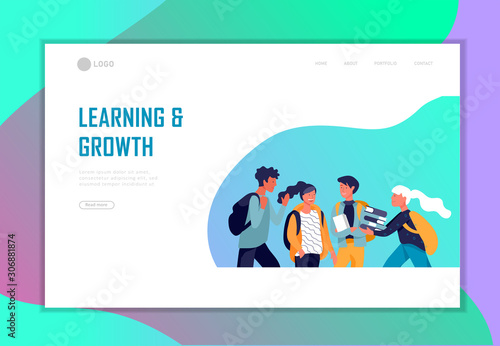 Landing page template with Back to school flat vector illustration. Preteen and teenage schoolkids. Schoolmates, friends cartoon characters. Schoolboys