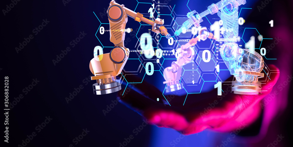 Industry 4.0 concept - Robot arm in smart factory background. Industry 4.0 concept - Robot arm in smart factory background.