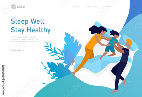 Collection of sleeping people character. Family with child are sleep in bed together and alone in various poses, different postures during