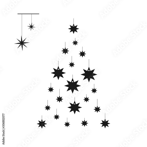 Christmas tree made from hanging stars. Modern flat minimalistic new year design for icons, symbols or logos. Black on white.