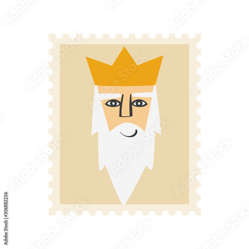 King Melchor postage stamp. Christmas ornament isolated vectorized. Magi, wise man