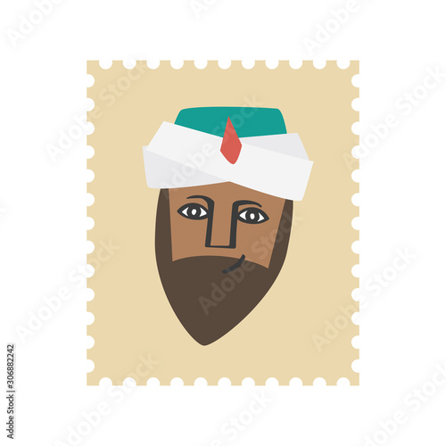 King Baltasar postage stamp. Christmas ornament isolated vectorized. Magi, wise man