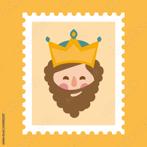 King Gaspar postage stamp. Christmas ornament isolated vectorized. Magi, wise man