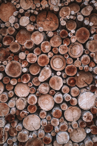 A lot of round firewood on top of each other