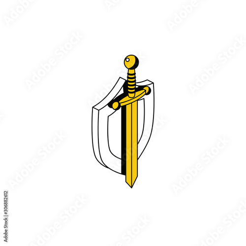 Shield sword safety. Vector 3d isometric, color web icon, new flat style. Creative illustration design, idea for infographics.